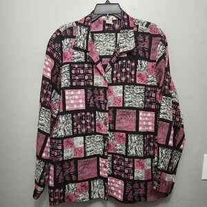 Notations women's button-up blouse top size 2X long sleeve pink and black